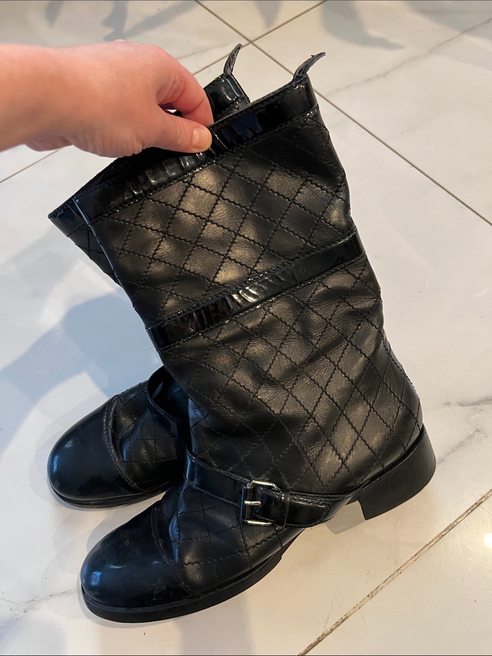 CHANEL Black Quilted Leather Lace-Up Mid-Calf Boots with Buckle